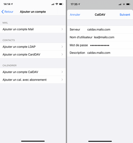 Paramètres CalDAV Mailo sous iOS
