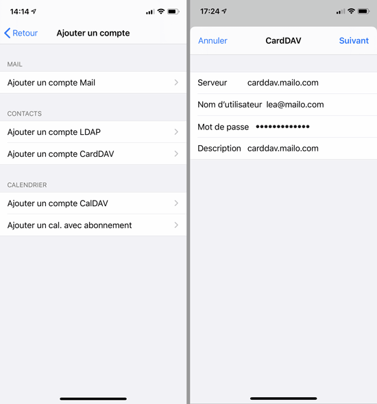 Paramètres CardDAV Mailo sous iOS
