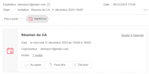 Invitation reçue dans la messagerie